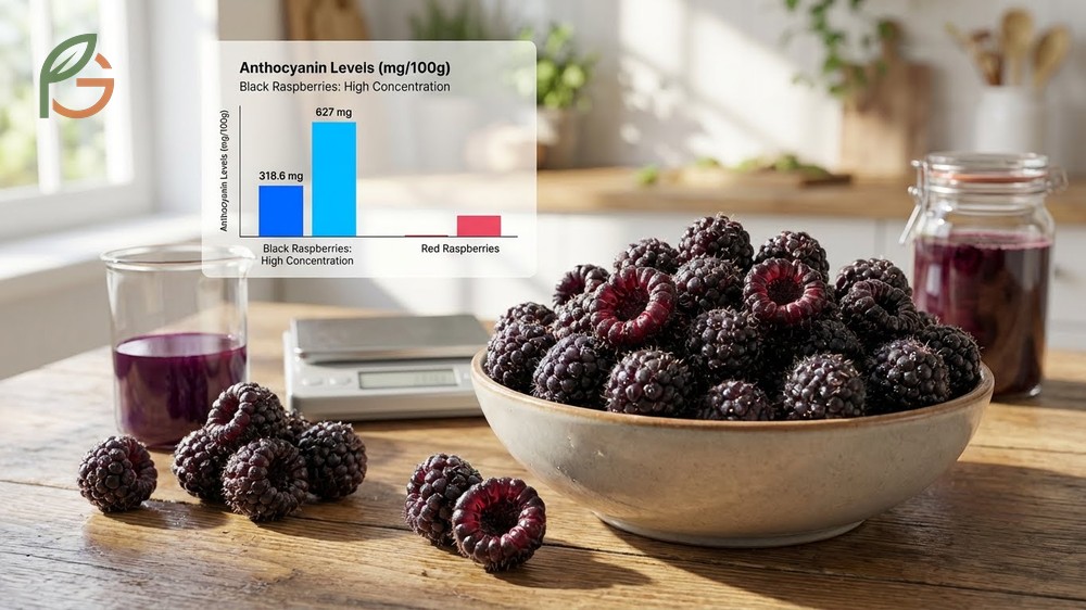Anthocyanin levels in black raspberries ranging up to 627mg per 100g for potent antioxidant support.