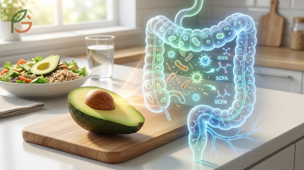 Avocado digestive benefits highlighted by fiber increasing beneficial gut bacteria and short chain fatty acids.