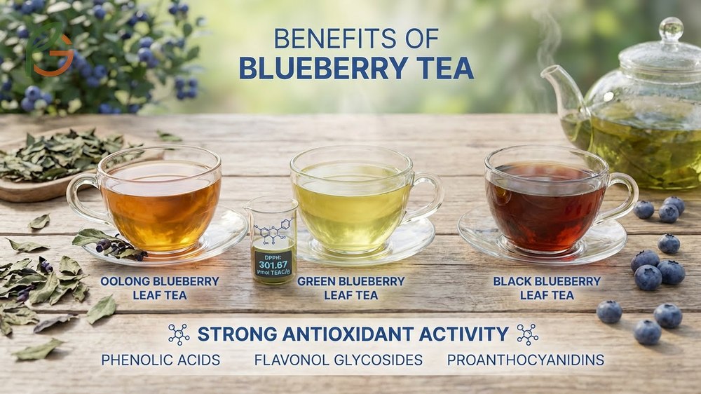 Benefits of blueberry tea derived from nutrient rich leaves offering caffeine free antioxidant support for evenings.
