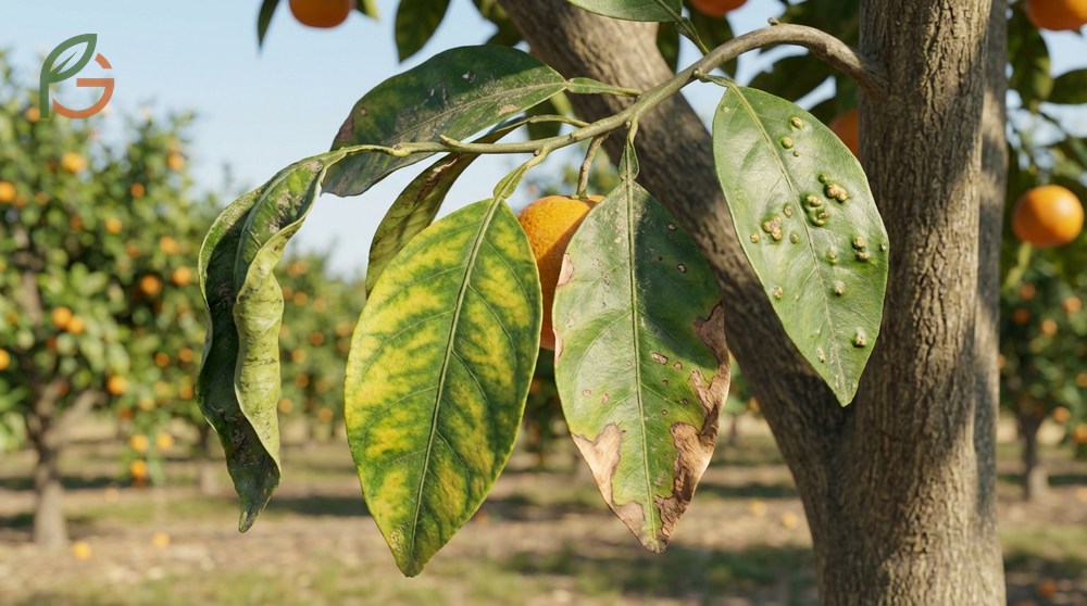 Citrus leaf problems including chlorosis and necrosis often accompany curling due to root health issues.