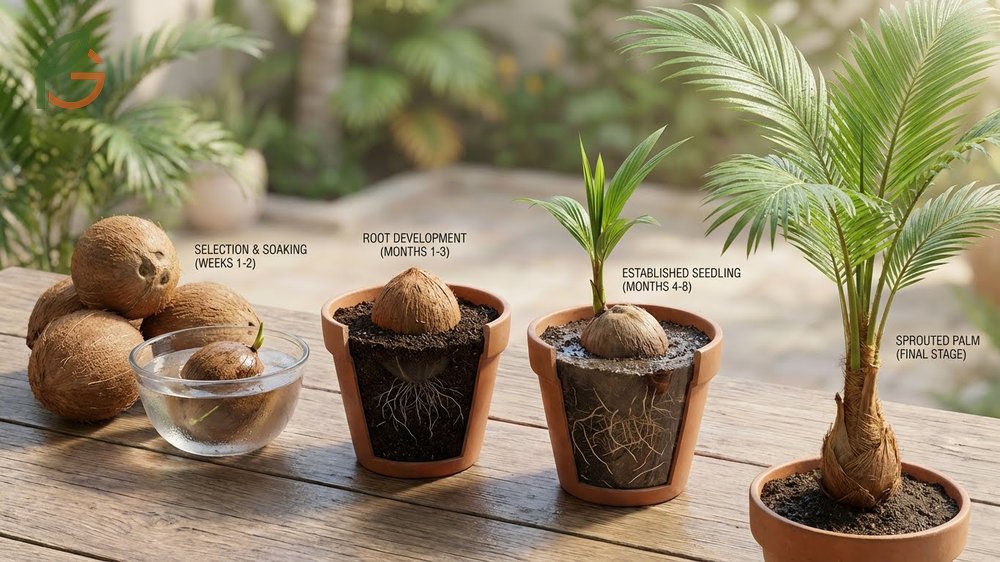 Coconut sprouting steps generally take 3 to 6 months from planting to the emergence of the first green shoot.