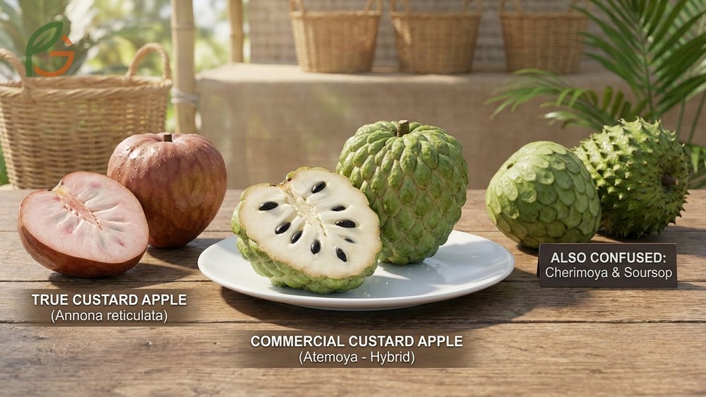 Custard apple comparison illustrating distinct features of Annona reticulata and atemoya hybrids for better identification.