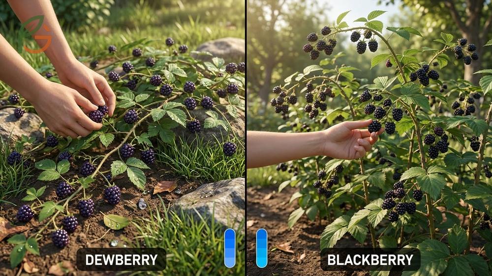 Dewberry vs blackberry differences highlighting trailing vines of dewberries versus upright growth of blackberries.