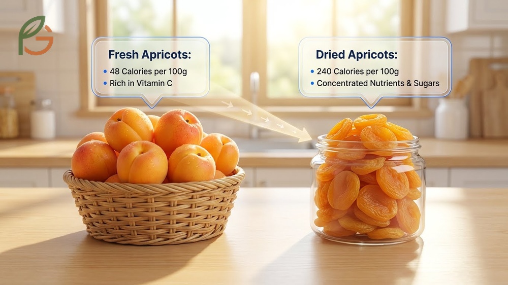 Dried apricots vs fresh comparison highlighting calorie density, sugar concentration, and vitamin loss during drying.
