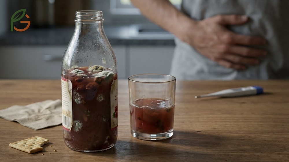 What happens if you drink spoiled cranberry juice symptoms like nausea and fever appearing within 1 to 48 hours.