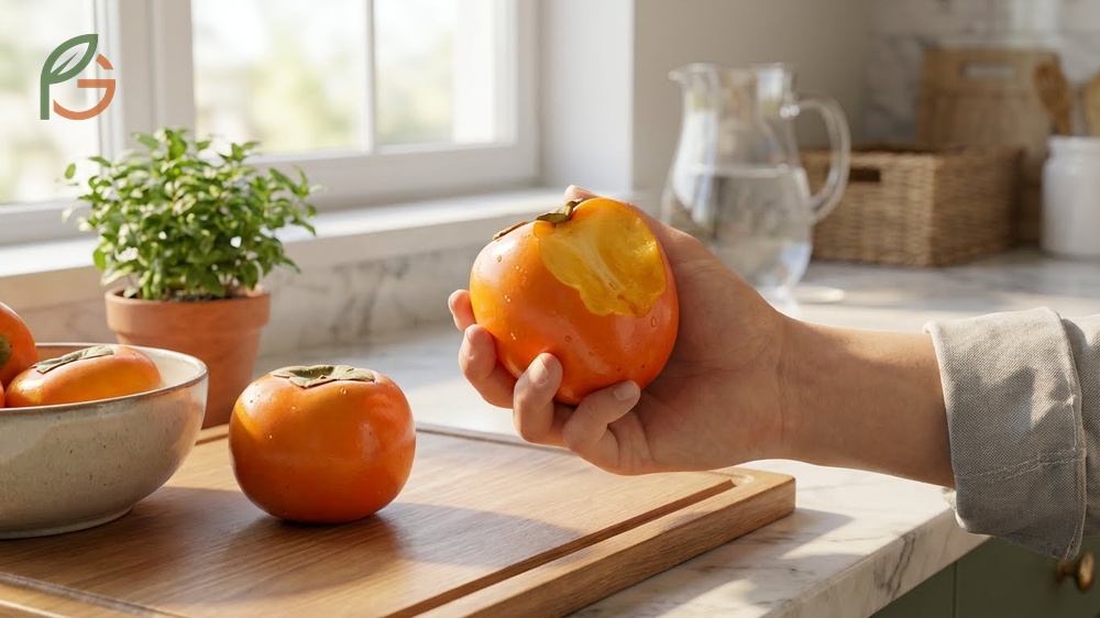 Whole unpeeled persimmons highlighting that eating persimmon skin provides vitamin A and fiber.