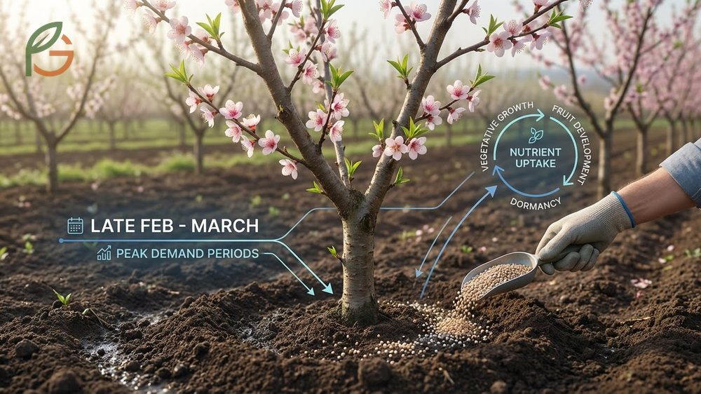 Fertilizing peach trees involves applying nutrients in early and late spring to synchronize with growth cycles and fruit development.