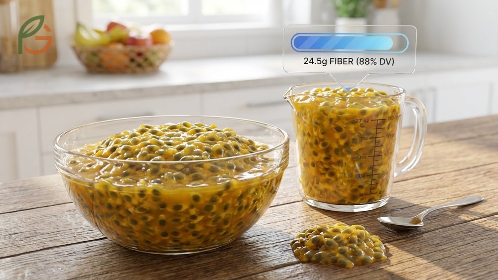 Passion fruit seed edible fiber content reaches 24.5g per cup which is 88 percent of the daily value.