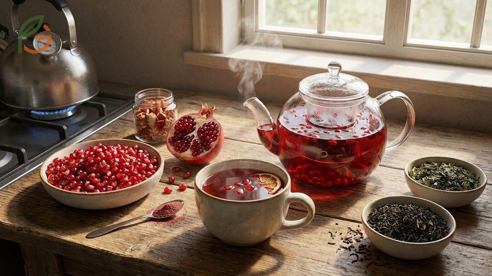 Pomegranate tea recipe using fresh arils or powder steeped in hot water for a healthy drink.
