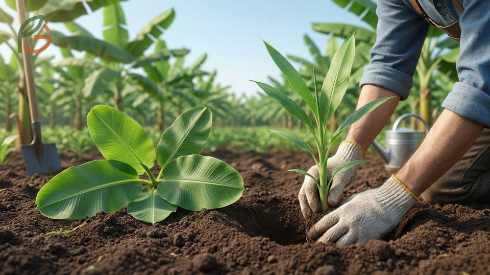 How to plant a banana tree correctly by placing suckers 4 inches deep in compost amended soil for fast root establishment.