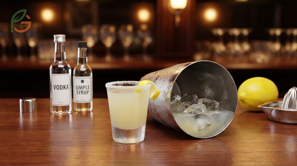 Lemon drop shot recipe ingredients featuring 1 ounce vodka and 0.5 ounce fresh lemon juice shaken with ice.