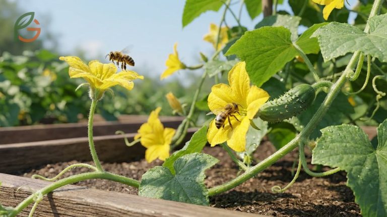 Side-by-side comparison of a yellow male cucumber flower with a plain stem and a female flower with a tiny fruit at its base.