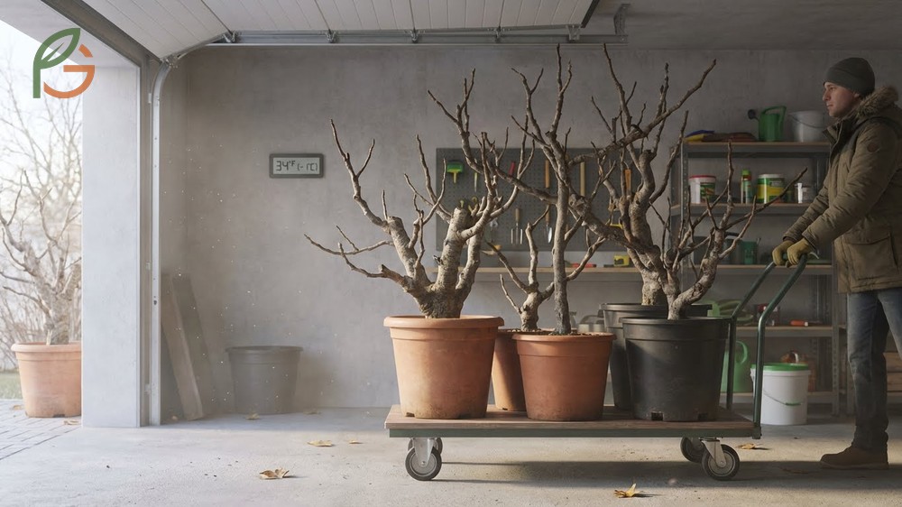Overwintering container figs stored in unheated garages where temperatures remain stable between 25 and 40 degrees.