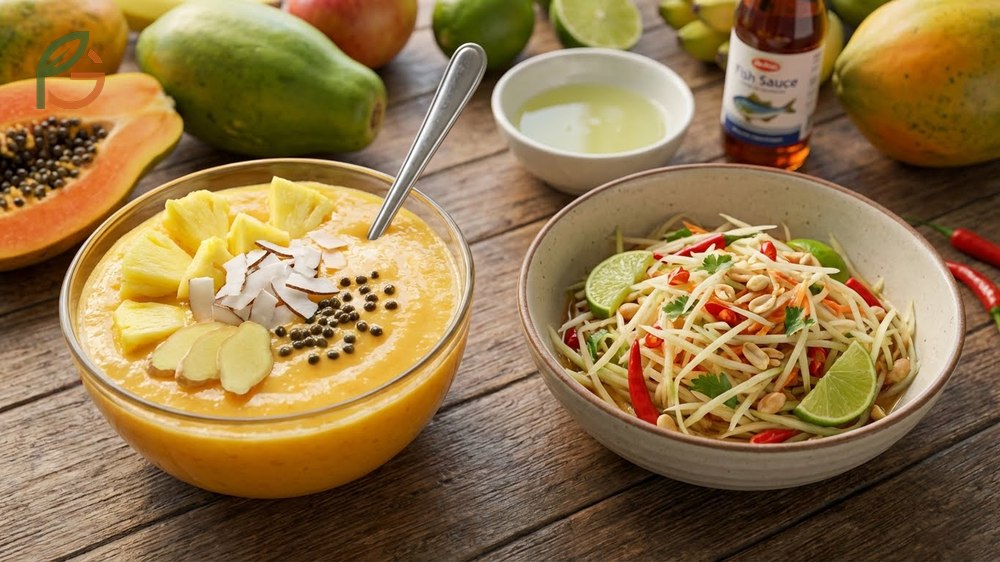 Papaya serving ideas include blending smoothies with coconut milk or using spicy seeds as a salad garnish.