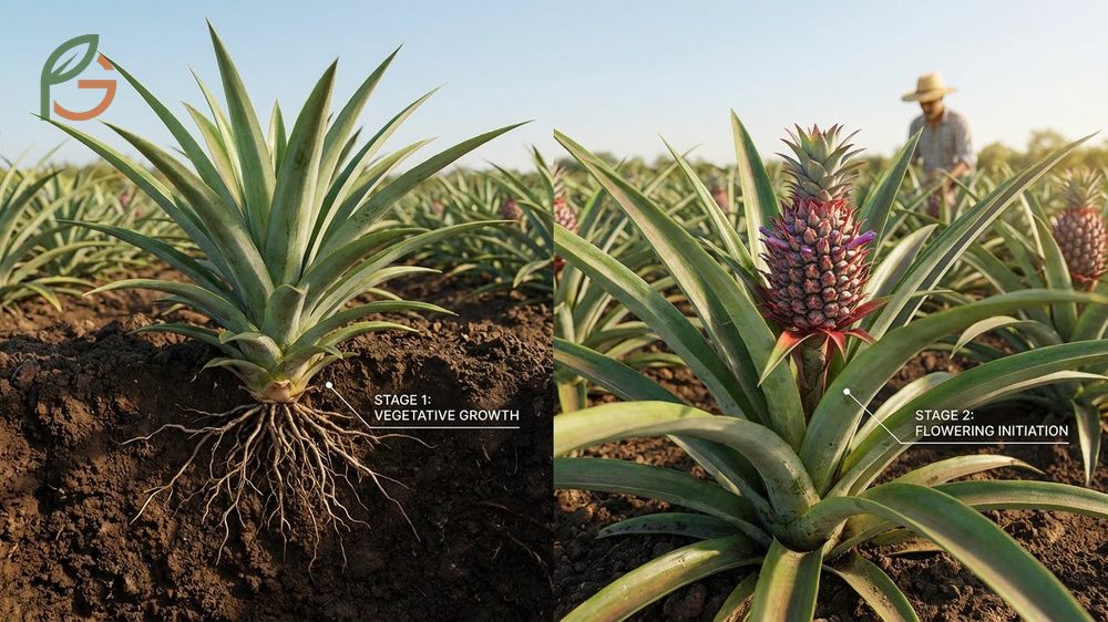 Visual timeline of pineapple growth stages from vegetative leaf production to fruit ripening.