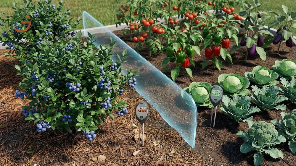 Visual guide segregating alkaline vegetables like tomatoes from the acid-loving blueberry planting areas.