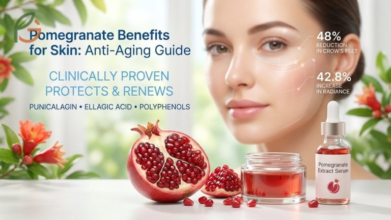 Pomegranate benefits for skin include reducing crow's feet wrinkles by 48% and increasing radiance through powerful antioxidant protection.