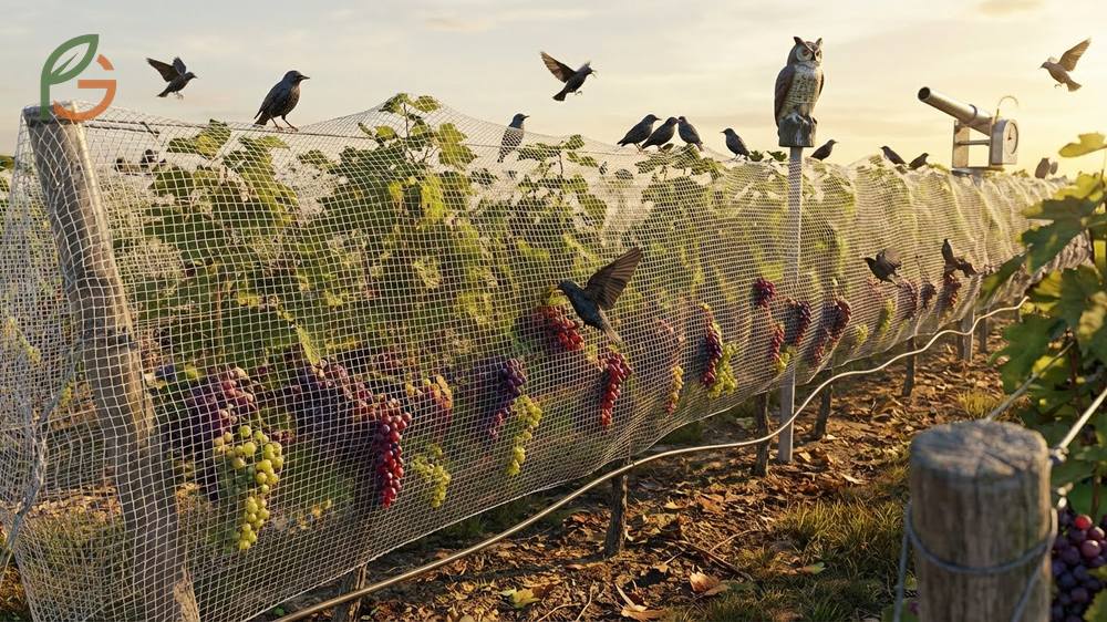 When are grapes harvested protection using bird netting installed 2 to 3 weeks before harvest to prevent damage from starlings.