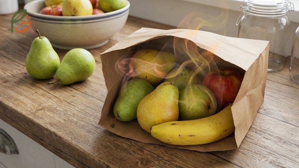 Ripen pears counter methods including the paper bag technique to reduce ripening time to 2 to 4 days.
