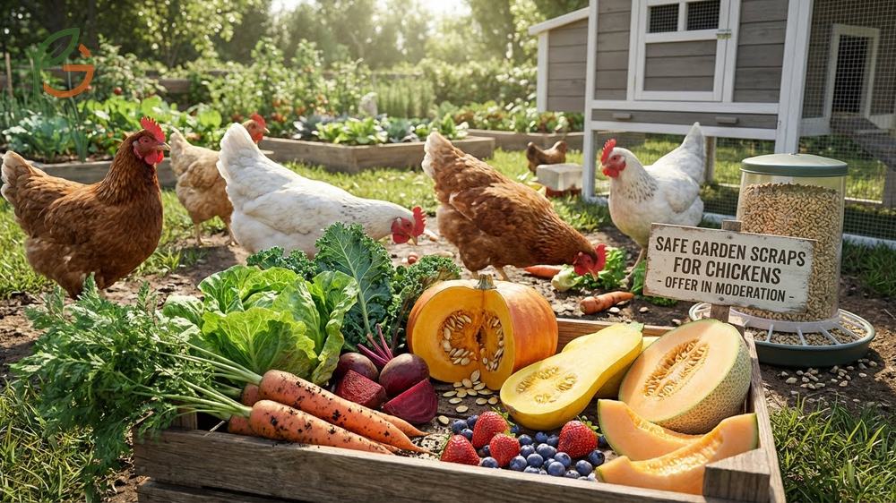 Safe garden scraps for chickens must be fresh and limited to 10% of the total daily diet.