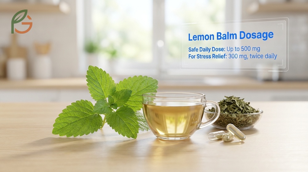 Lemon balm dosage guidelines recommending 300 to 500 mg daily for stress relief and maximum safety.