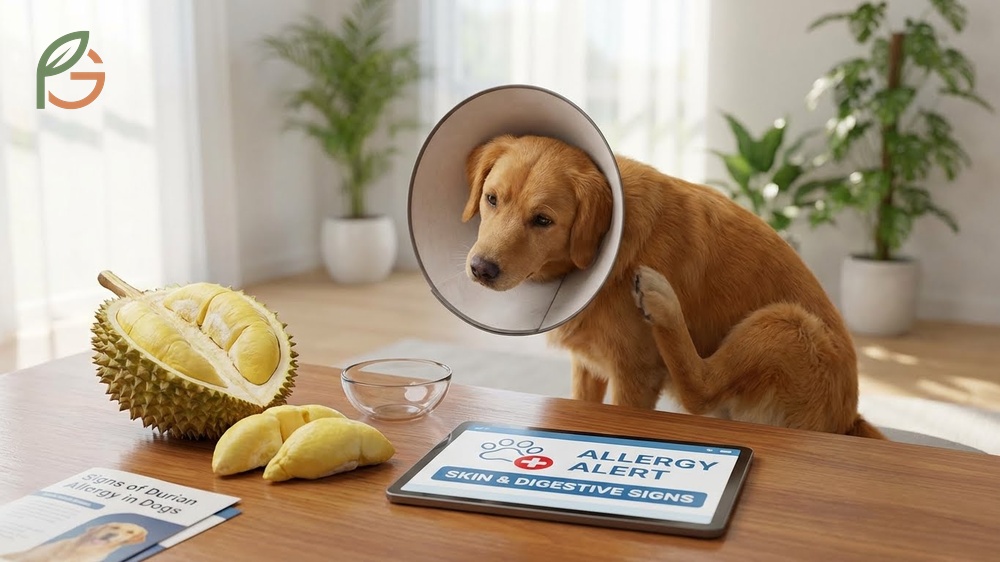Signs of durian allergy in dogs including itching, vomiting, and skin irritation requiring veterinary attention.