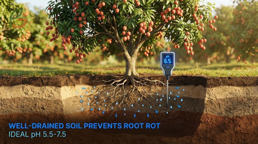 Soil for lychee trees prepared with a pH between 5.5 and 7.5 to prevent nutrient deficiencies.