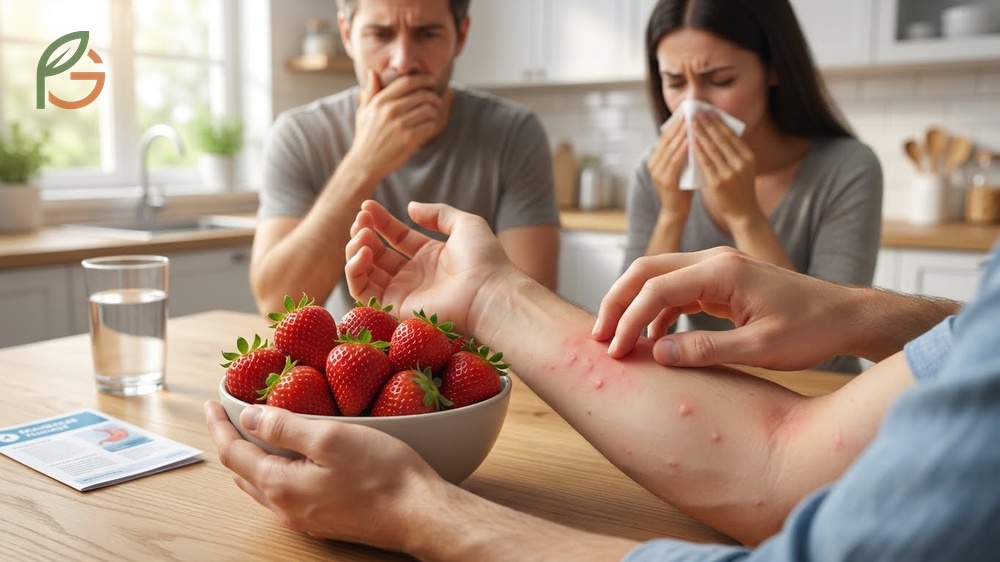 Information about potential strawberry allergies and the importance of washing berries to remove pesticide residues.