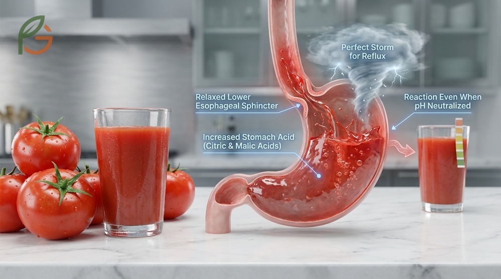 Tomatoes and acid reflux issues arise because raw tomatoes have a pH between 4.3 and 4.9 which increases stomach acidity.