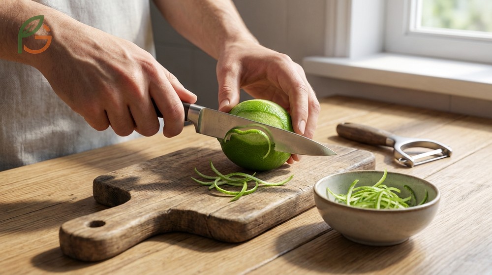 Zesting without tool is possible using a sharp paring knife or vegetable peeler to shave thin strips.