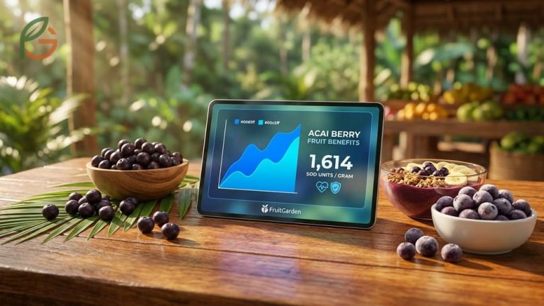 Acai berry fruit benefits guide covering antioxidant content of 1614 SOD units per gram and heart health support.