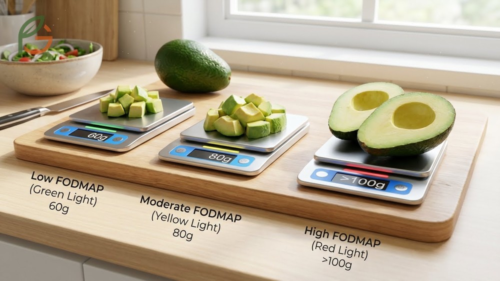 Avocado portion size comparison showing 96 calories and 9g of fat in a standard low fodmap serving.