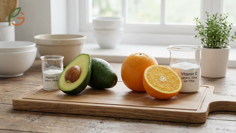 Does avocado have vitamin c comparison showing 20mg per whole fruit combined with vitamin e for absorption.