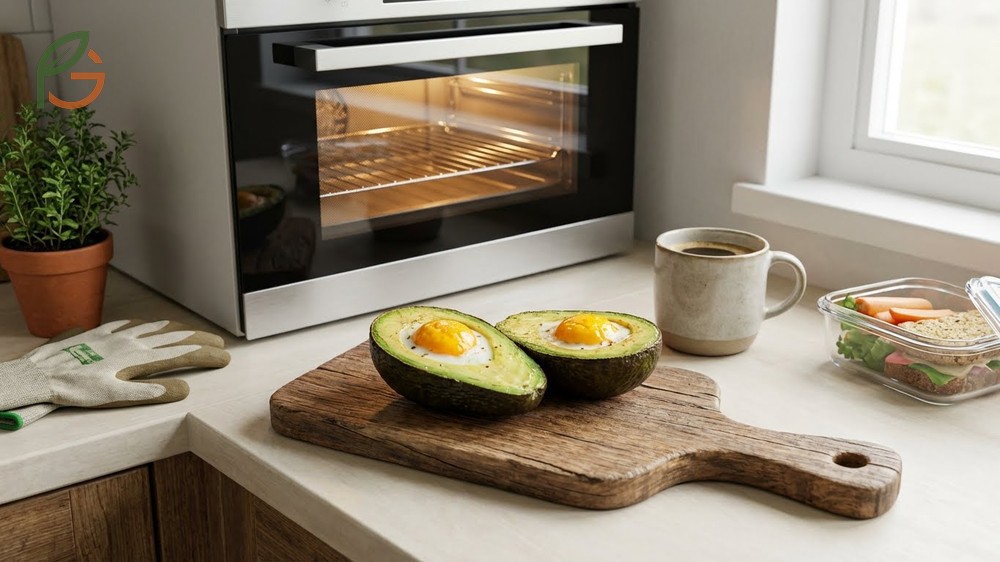 Baked avocado recipe instructions using 2 medium Hass avocados and 4 large eggs baked at 400 degrees.