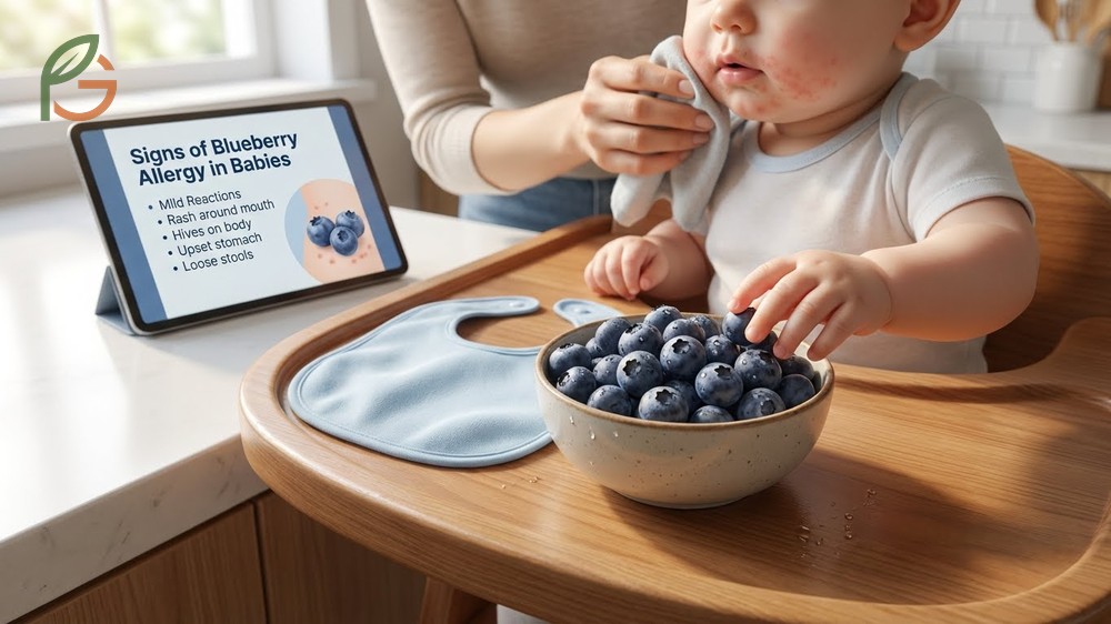 Signs of blueberry allergy in babies such as hives, rash around the mouth, or digestive upset within 2 hours.