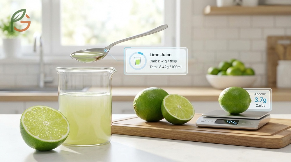 Carbs in lime juice nutritional breakdown showing 8.42g total carbohydrates per 100ml serving.