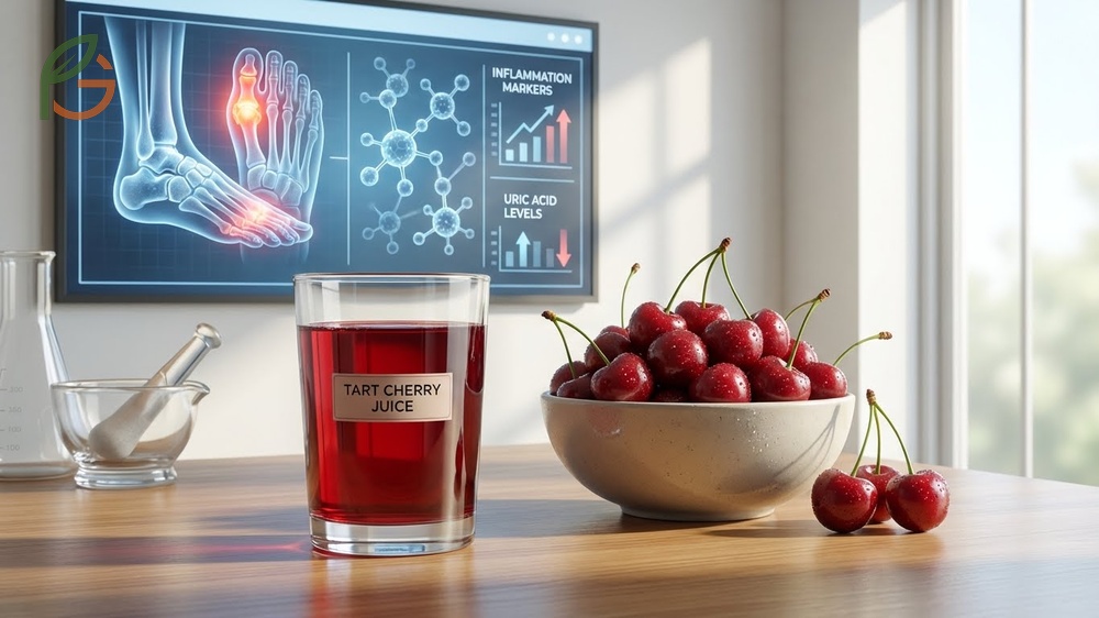 Cherry juice for gout mechanism explaining how anthocyanins block inflammatory pathways to reduce flare frequency.