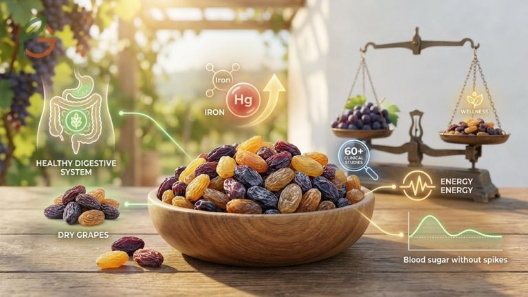 Dry grapes health benefits showing digestive support and energy boosting properties from concentrated nutrients.