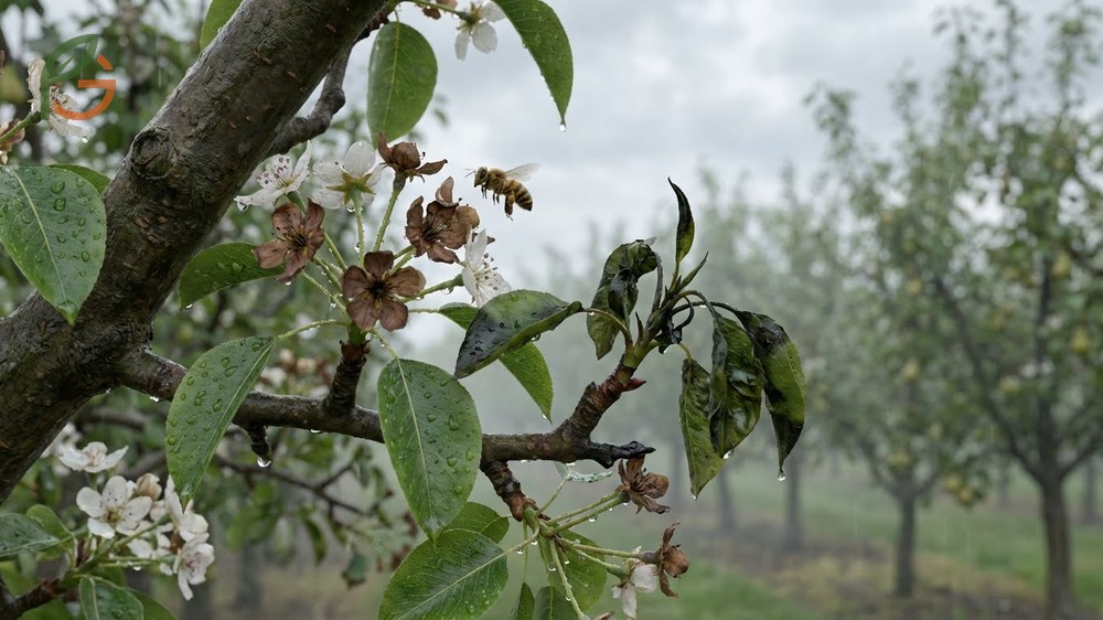 Fire blight pear tree symptoms include shepherd's crook shoot tips and blackened leaves indicating bacterial infection progression.