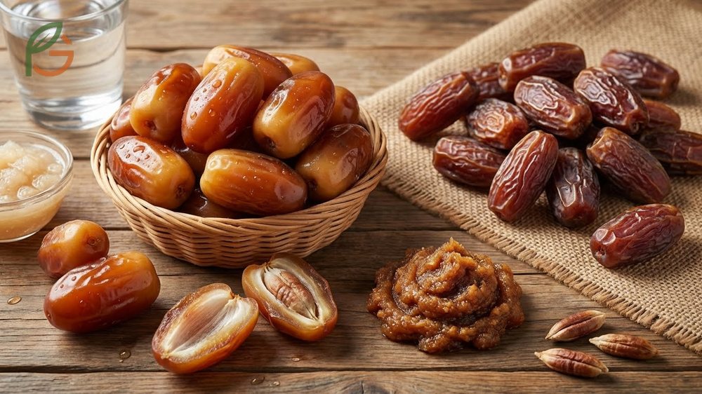 Fresh dates vs dried dates comparison noting fresh dates have 60 percent water while dried have 25 percent.
