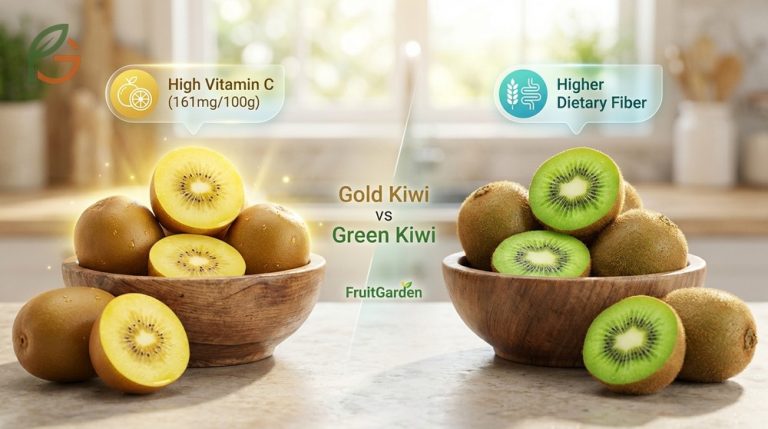 Gold kiwi vs green kiwi comparison highlighting differences in sweetness, vitamin C levels, and fiber content.