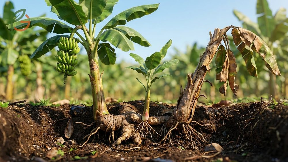 How do bananas grow described through the 9 to 16 month lifecycle from underground rhizome to harvest.