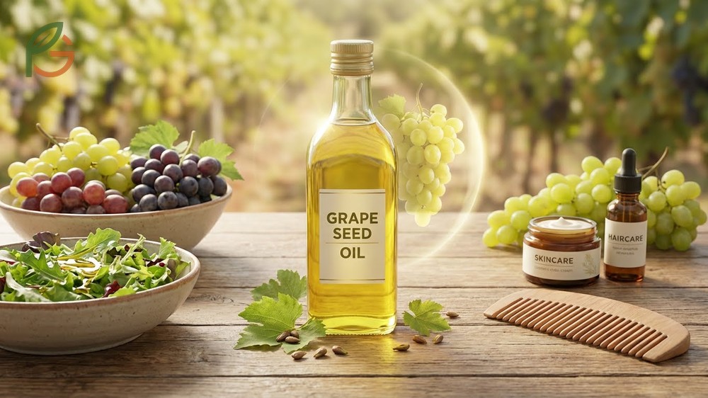 Nutritional profile of grape seed oil highlighting 27 percent daily vitamin E and high polyunsaturated fats.