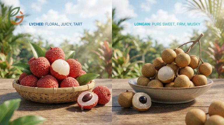 Lychee vs longan comparison guide illustrating key differences in outer appearance flavor profiles and garden performance.