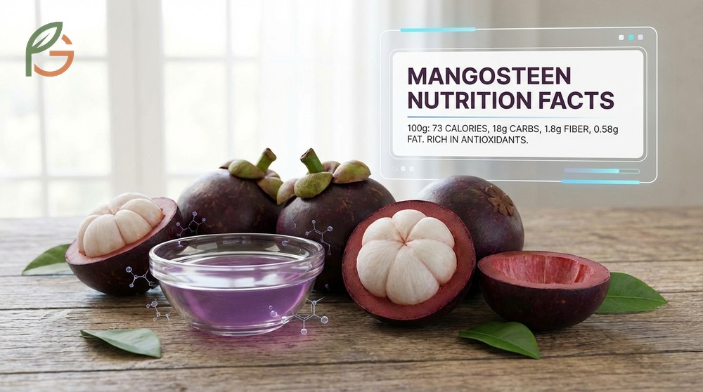 Mangosteen nutrition facts show 73 calories and 18g carbohydrates per 100g serving of fresh fruit.