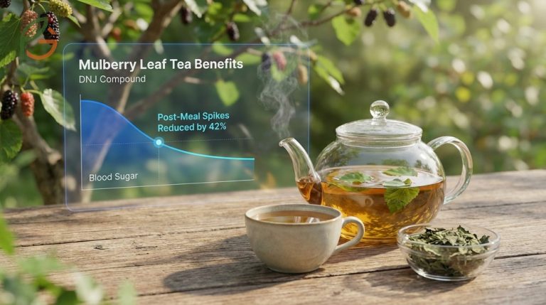 Mulberry leaf tea benefits include reducing post-meal blood sugar spikes by up to 42% using the natural compound DNJ.