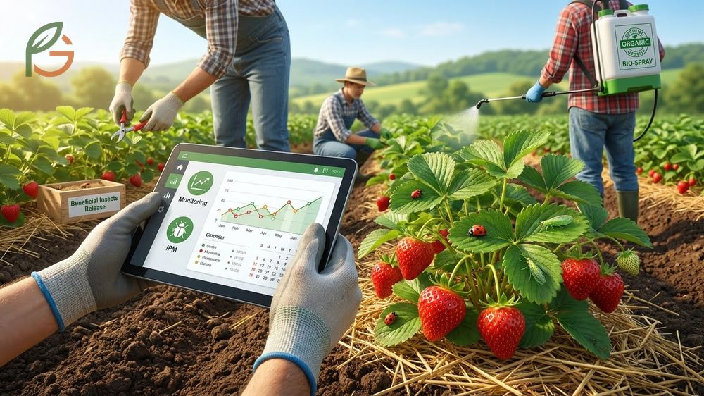 Organic strawberry pest control utilizing beneficial insects and proper plant spacing to prevent infestation.