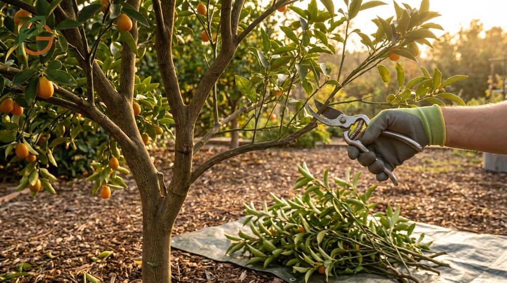 Pruning kumquat trees by thinning interior branches by 20 to 30 percent to improve air circulation and reduce disease.