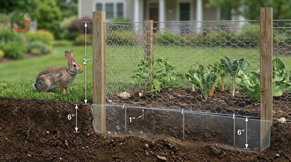 Rabbit proof fence installation steps using two foot tall chicken wire buried underground to prevent tunneling.