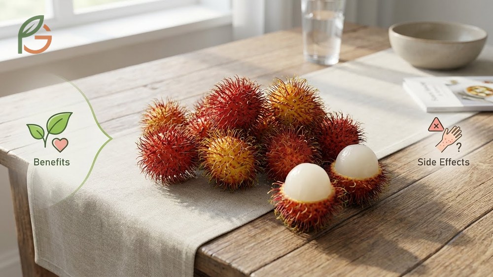 Rambutan benefits and side effects warning about potential allergies and sugar fermentation risks in overripe fruit.